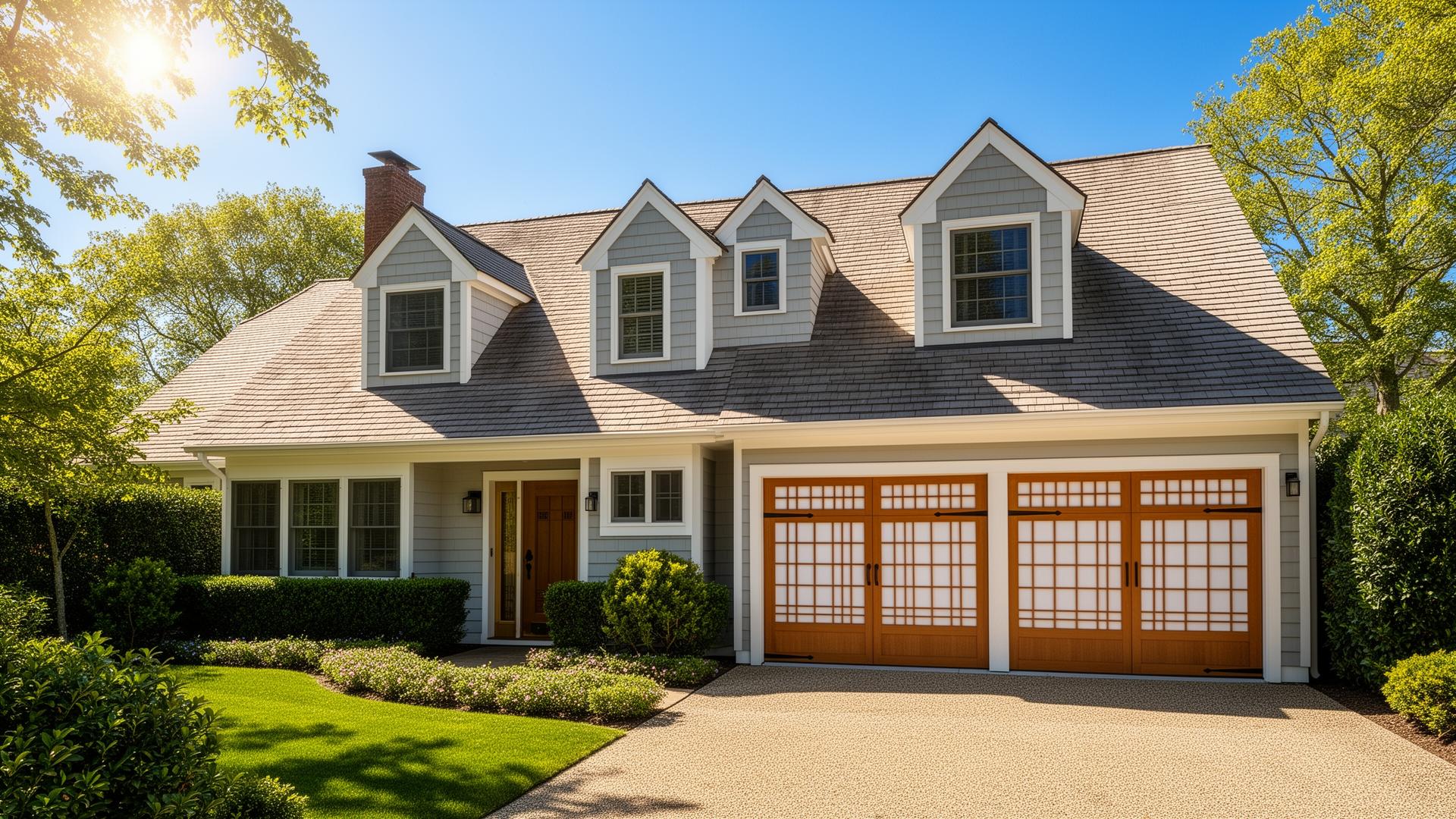 Beautiful Cape Cod home with Asian-inspired shoji panel garage doors in Lyons, Oregon